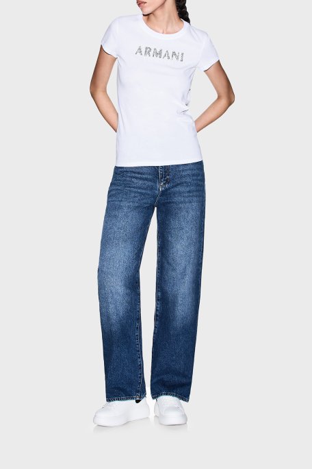 Armani Exchange Taşlı Logolu Pamuklu Slim Fit Bisiklet Yaka Bayan T Shirt XW002106 AF10356 U0002 BEYAZ - Armani Exchange (1)