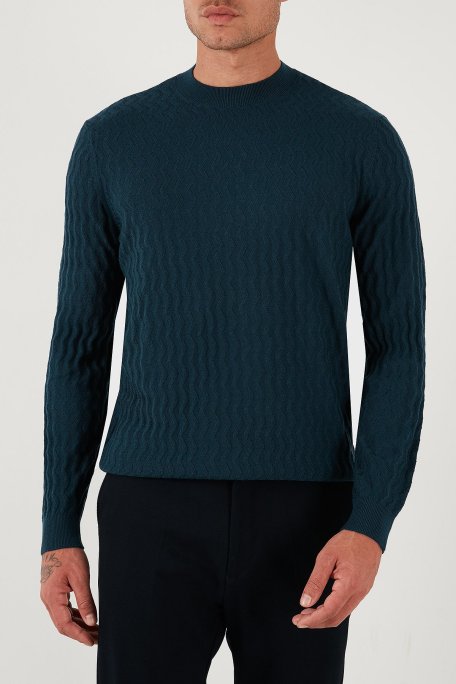 Armani Exchange Yün Karışımlı Regular Fit Bisiklet Yaka Dalgalı Dokuma Erkek Kazak XM001560 AF11982 FB068 PETROL - Armani Exchange