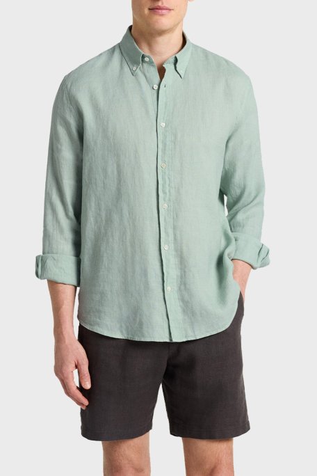 Bluemint % 100 Keten Comfort Fit Düğmeli Yaka Erkek Gömlek BM25002003MS 1144 AÇIK HAKİ - Bluemint