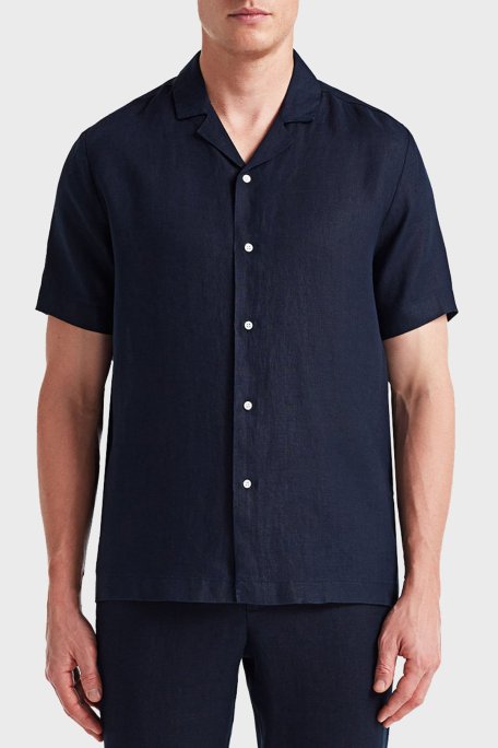 Bluemint % 100 Keten Comfort Fit Kısa Kollu Apaş Yaka Erkek Gömlek BM25002107MS 155 LACİVERT - Bluemint