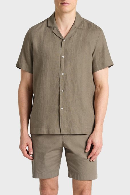 Bluemint % 100 Keten Comfort Fit Kısa Kollu Apaş Yaka Erkek Gömlek BM25002107MS 836 AÇIK HAKİ - Bluemint