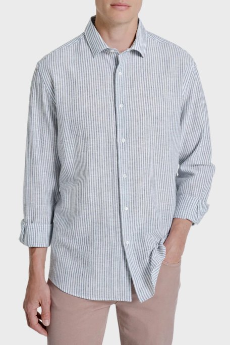 Bluemint Çizgili Pamuk ve Keten Karışımlı Uzun Kollu Erkek Gömlek LUCASTRIPEY 166 HAKİ-BEYAZ - Bluemint