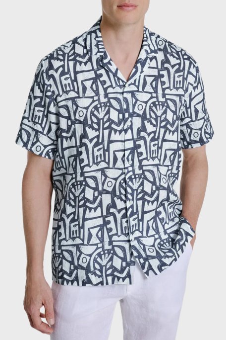 Bluemint Comfort Desenli % 100 Keten Kısa Kollu Erkek Gömlek MARSPRINT 1302 BEYAZ-LACİVERT - Bluemint