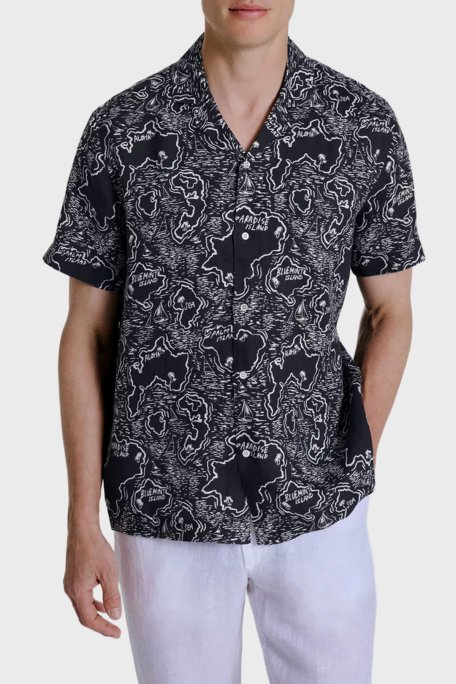 Bluemint Comfort Desenli % 100 Keten Kısa Kollu Erkek Gömlek MARSPRINT 1317 LACİVERT-BEYAZ - Bluemint