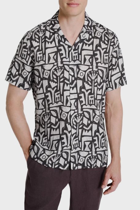 Bluemint Comfort Desenli % 100 Keten Kısa Kollu Erkek Gömlek MARSPRINT 1334 SİYAH-BEJ - Bluemint