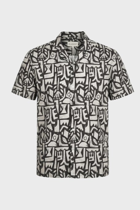 Bluemint Comfort Desenli % 100 Keten Kısa Kollu Erkek Gömlek MARSPRINT 1334 SİYAH-BEJ - Bluemint (1)
