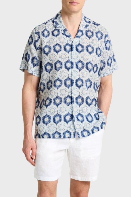 Bluemint Desenli % 100 Keten Comfort Fit Kısa Kollu Apaş Yaka Erkek Gömlek BM25002135MS 1131 MAVİ - Bluemint