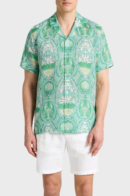 Bluemint Desenli % 100 Keten Comfort Fit Kısa Kollu Apaş Yaka Erkek Gömlek BM25002135MS 1148 YEŞİL - Bluemint