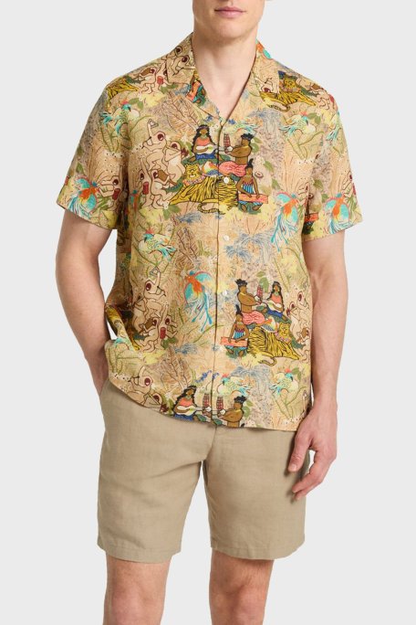 Bluemint Desenli % 100 Keten Comfort Fit Kısa Kollu Apaş Yaka Erkek Gömlek BM25002135MS 1156 EKRU - Bluemint