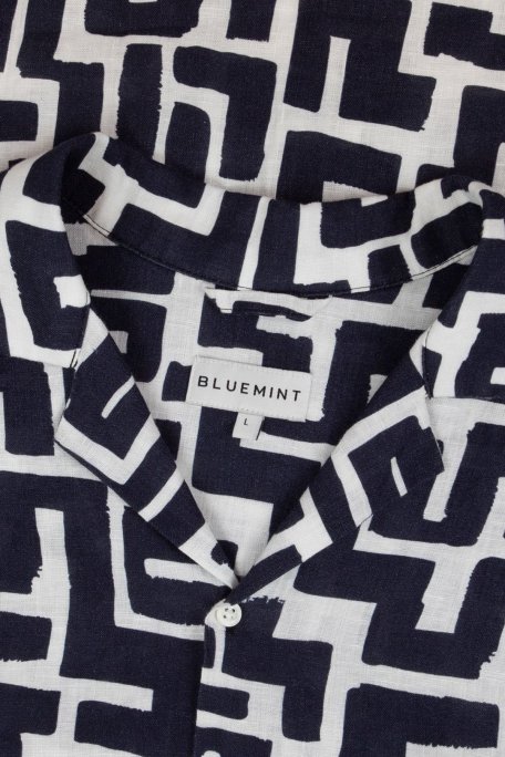 Bluemint Desenli % 100 Keten Comfort Fit Kısa Kollu Apaş Yaka Erkek Gömlek BM25002135MS 1179 LACİVERT - Bluemint (1)