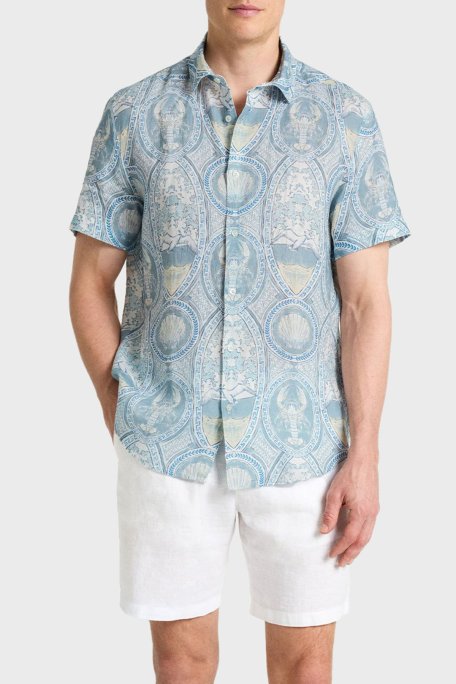 Bluemint Desenli % 100 Keten Kısa Kollu Düz Yaka Erkek Gömlek BM25002294MS 1129 MAVİ - Bluemint