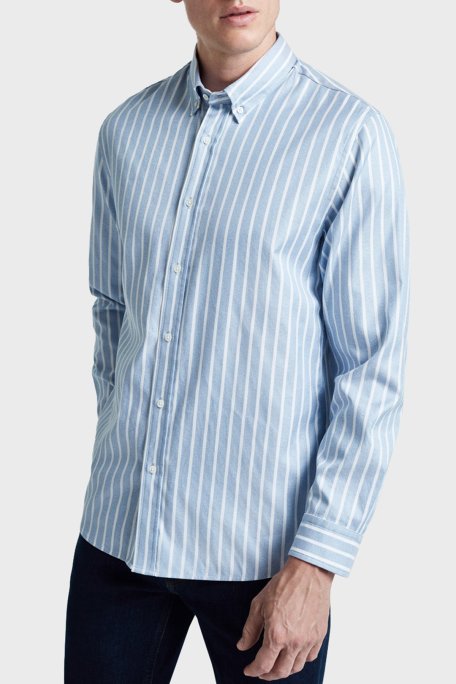 Bluemint Harold % 100 Pamuklu Çizgili Comfort Fit Düğmeli Yaka Erkek Gömlek BM24002472MW 651 MAVİ-BEYAZ - Bluemint