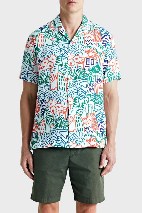 Bluemint Mars % 100 Keten Desenli Comfort Fit Kısa Kollu Erkek Gömlek BM24002135MS 1010 BEYAZ - Bluemint