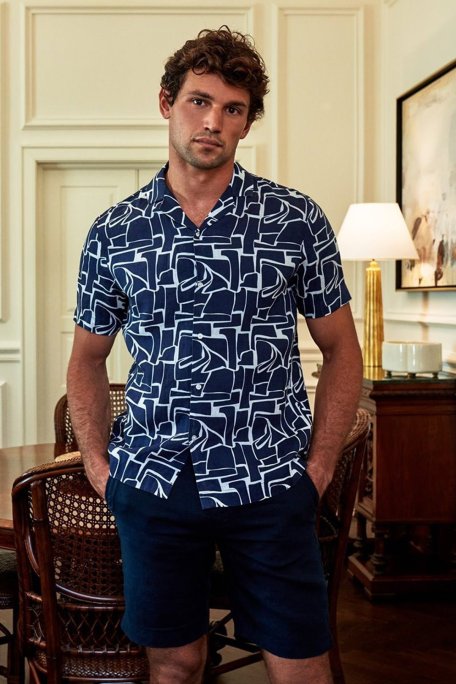 Bluemint Mars Desenli % 100 Keten Apaş Yaka Kısa Kollu Comfort Fit Erkek Gömlek BM23002135MS 925 LACİVERT-BEYAZ - Bluemint