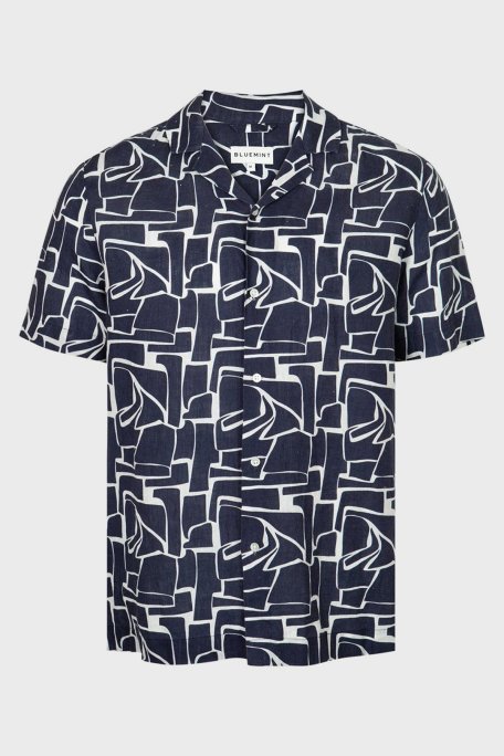 Bluemint Mars Desenli % 100 Keten Apaş Yaka Kısa Kollu Comfort Fit Erkek Gömlek BM23002135MS 925 LACİVERT-BEYAZ - Bluemint (1)
