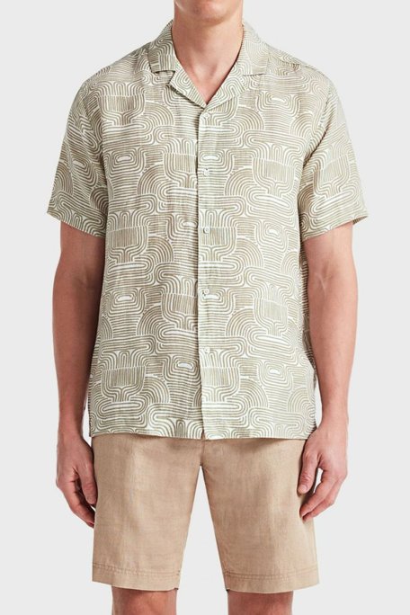 Bluemint Mars Desenli % 100 Keten Apaş Yaka Kısa Kollu Comfort Fit Erkek Gömlek BM23002135MS 943 BEJ - Bluemint