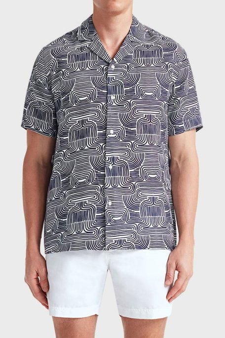 Bluemint Mars Desenli % 100 Keten Apaş Yaka Kısa Kollu Comfort Fit Erkek Gömlek BM23002135MS 946 LACİVERT - Bluemint