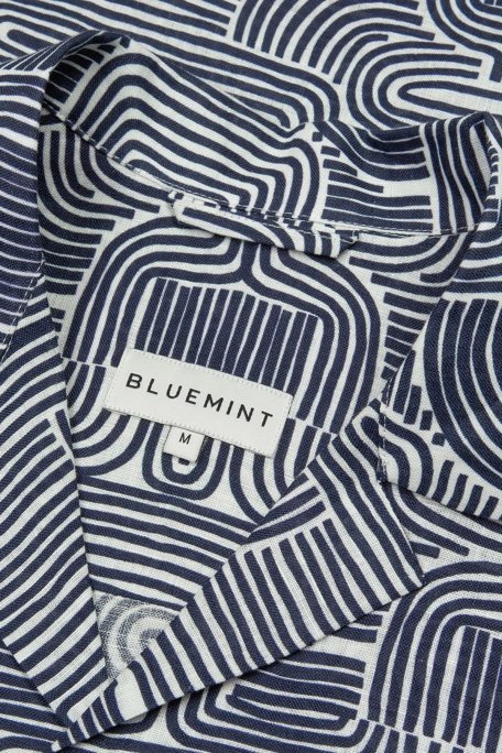 Bluemint Mars Desenli % 100 Keten Apaş Yaka Kısa Kollu Comfort Fit Erkek Gömlek BM23002135MS 946 LACİVERT - Bluemint (1)