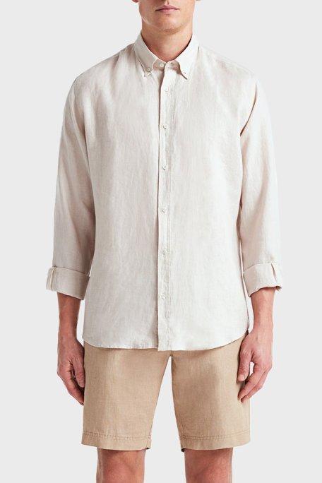 Bluemint Martin % 100 Keten Düğmeli Yaka Uzun Kollu Relaxed Fit Erkek Gömlek BM23002003MS 918 EKRU - Bluemint