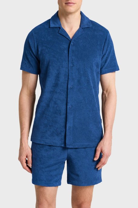 Bluemint Pamuklu Comfort Fit Kısa Kollu Havlu Kumaş Apaş Yaka Erkek Gömlek BM25002254MS 1173 LACİVERT - Bluemint