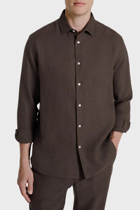 Bluemint Sedef Düğme Klasik Yaka Uzun Kollu Keten Erkek Gömlek LUCA 1327 KAHVE - Bluemint