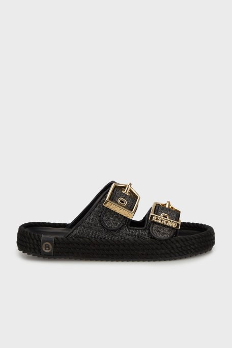 Bohonomad Sydney Logolu Hasır Detaylı Çift Bantlı Tokalı Bayan Terlik SYD20-00020 Hasır Siyah - Bohonomad