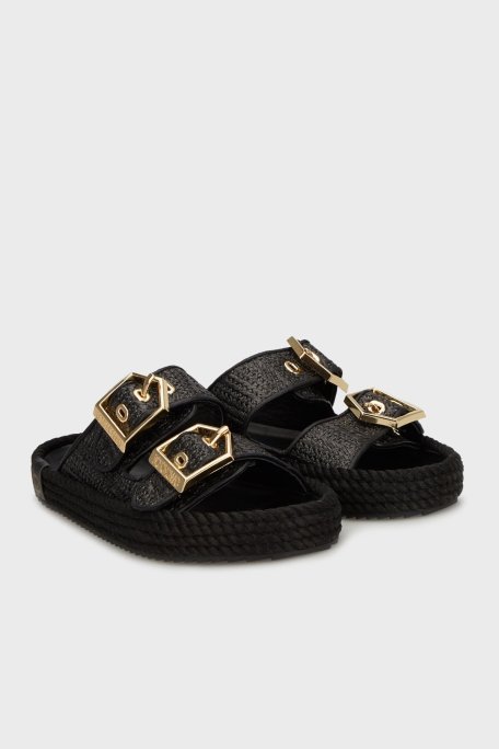 Bohonomad Sydney Logolu Hasır Detaylı Çift Bantlı Tokalı Bayan Terlik SYD20-00020 Hasır Siyah - Bohonomad (1)