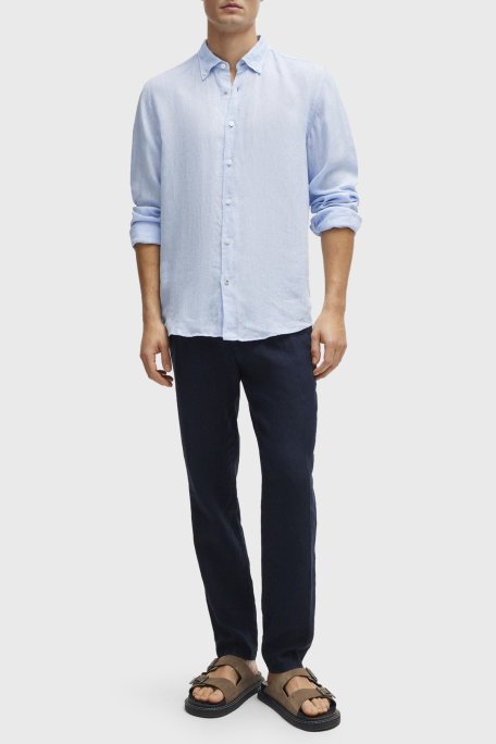 Boss % 100 Keten Düğmeli Yaka Regular Fit Erkek Gömlek 50513849 450 MAVİ - Boss (1)