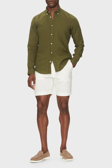 Boss % 100 Keten Regular Fit Düğmeli Yaka Logolu Erkek Gömlek 50520283 302 KOYU YEŞİL - Boss (1)