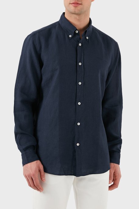 Boss % 100 Keten Regular Fit Düğmeli Yaka Logolu Erkek Gömlek 50520283 404 LACİVERT - Boss