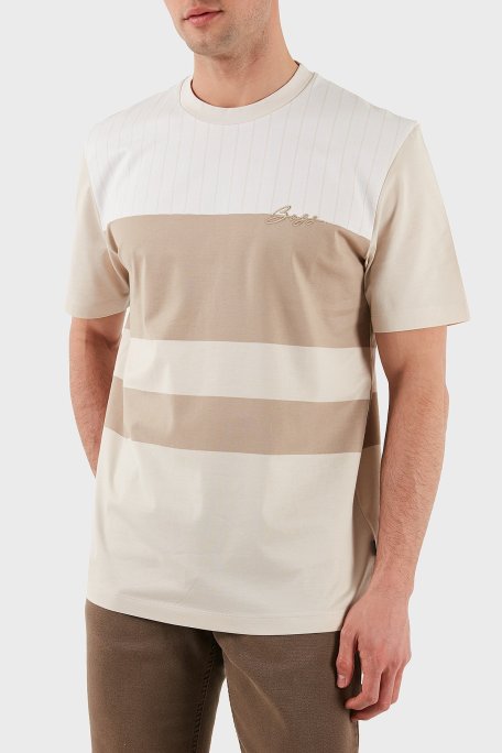 Boss % 100 Pamuk Regular Fit Bisiklet Yaka Geniş Çizgili Logolu Erkek T Shirt 50531381 275 BEJ - Boss