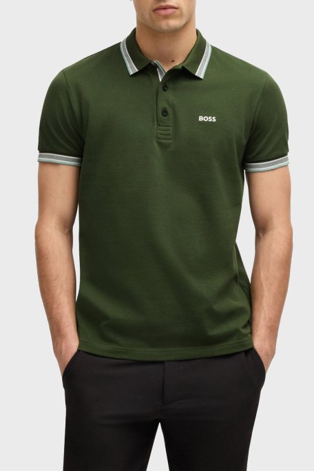 Boss % 100 Pamuk Regular Fit Şerit Detaylı Düğmeli Erkek Polo Yaka T Shirt 50469055 355 YEŞİL - Boss