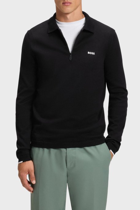 Boss % 100 Pamuk Regular Fit Yarm Fermuarlı Erkek Polo Yaka Kazak 50551688 001 SİYAH - Boss