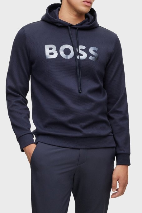 Boss Ayna Efektli Logolu Kapüşonlu Pamuklu Relaxed Fit Erkek Sweat 50501222 402 LACİVERT - Boss