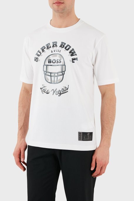 Boss Baskılı Streç Pamuklu Relaxed Fit Bisiklet Yaka Erkek T Shirt 50510816 100 BEYAZ - Boss