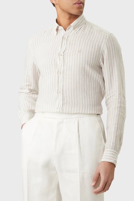 Boss Çizgili Regular Fit Klasik Yaka Uzun Kollu Keten Erkek Gömlek 50560595 286 BEJ - Boss