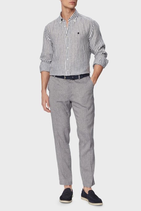 Boss Çizgili Regular Fit Klasik Yaka Uzun Kollu Keten Erkek Gömlek 50560595 404 LACİVERT - Boss (1)