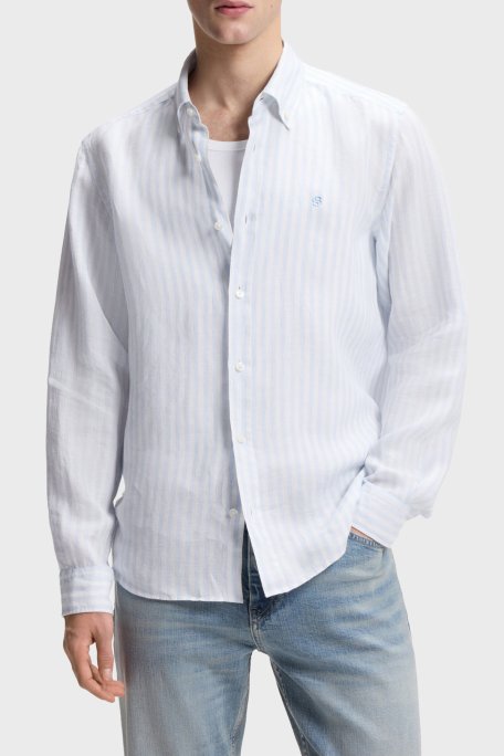 Boss Çizgili Regular Fit Klasik Yaka Uzun Kollu Keten Erkek Gömlek 50560595 450 MAVİ - Boss