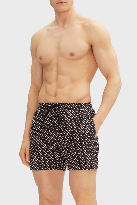 Boss Deniz Şortu Monogram Baskılı Tamamı Astarlı Hızlı Kuruyan Erkek Mayo Short 50515720 001 SİYAH - Boss