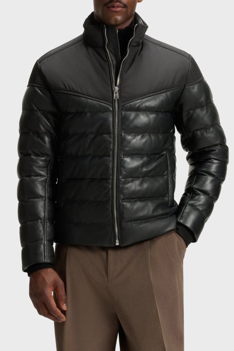 Boss Deri Regular Fit Dik Yaka Kapitoneli Şişme Erkek Mont 50547672 001 SİYAH - Boss