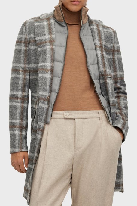 Boss Ekoseli Fermuarlı İç Yelekli Yün Karışımlı Slim Fit Erkek Kaban 50502260 030 GRİ - Boss