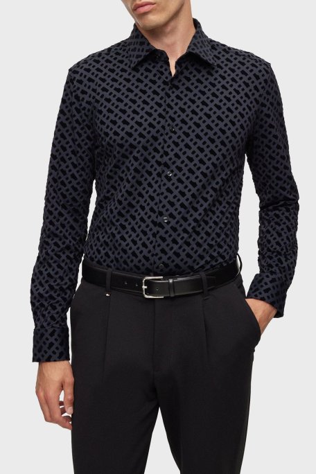 Boss Flok Baskılı Monogramlı Slim Fit Erkek Gömlek 50502906 001 SİYAH - Boss