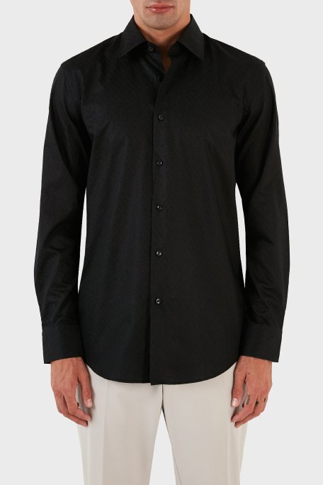 Boss Jakarlı Monogram Logolu Uzun Kollu Slim Fit Erkek Gömlek 50473310 001 SİYAH - Boss