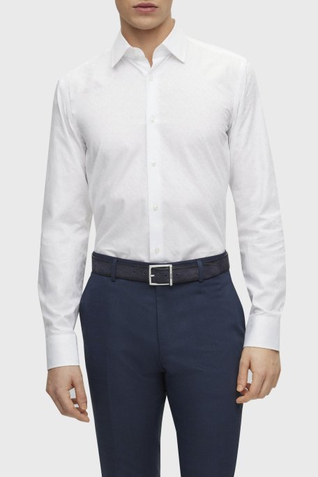 Boss Jakarlı Monogram Logolu Uzun Kollu Slim Fit Erkek Gömlek 50473310 100 BEYAZ - Boss