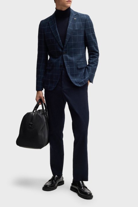 Boss Kareli Yünlü Slim Fit Çift Yırtmaçlı Blazer Erkek Ceket 50527998 404 LACİVERT - Boss (1)