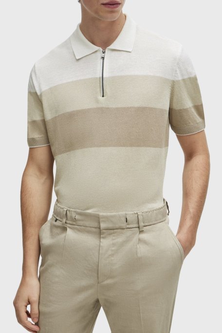 Boss Keten Karışımlı Fermuarlı Polo Yaka Erkek Triko 50511750 271 EKRU - Boss