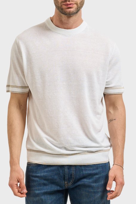 Boss Keten Karışımlı Kontrast Renk Detaylı Bisiklet Yaka Erkek T Shirt 50560491 100 BEYAZ - Boss