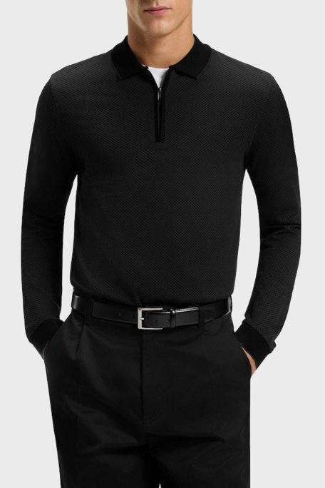 Boss Logolu Pamuklu Regular Fit Yarım Fermuarlı Erkek Polo Yaka Kazak 50549583 001 SİYAH - Boss