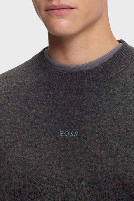 Boss Logolu Yünlü Regular Fit Bisiklet Yaka Erkek Kazak 50548701 001 SİYAH-ANTRASİT - Boss (1)