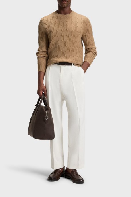 Boss Örgülü Yün ve Kaşmir Karışımlı Regular Fit Bisiklet Yaka Erkek Kazak 50549975 260 SÜTLÜ KAHVE - Boss (1)